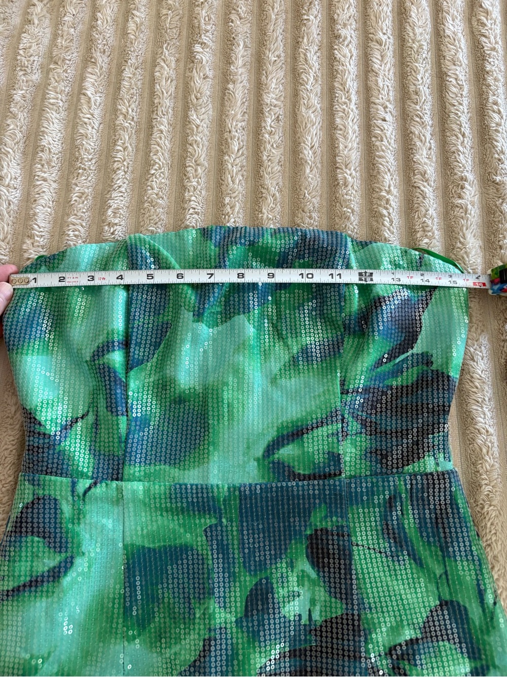 Strapless green and blue sequin floral dress - Picture 11 of 14